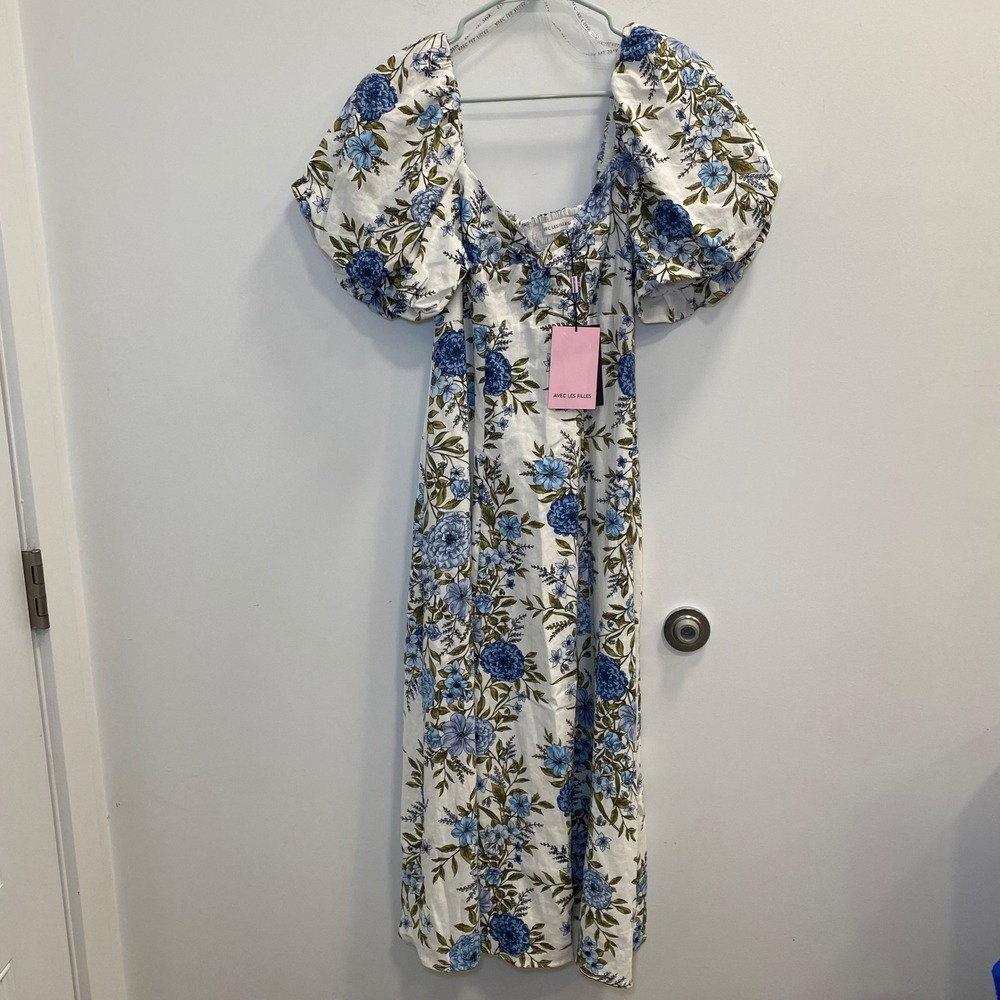 Anthropologie Avec Les Filles NWT 8 Linen Floral Puff Sleeve Midi Dress Romantic